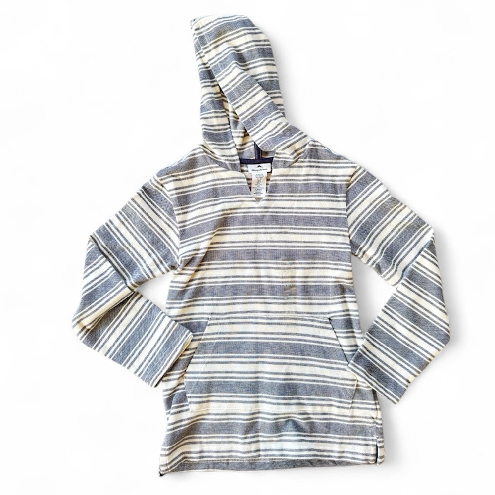 Tommy Bahama Blue and Cream Striped Hoodie Long Sleeve | size M 7/8 | NWT